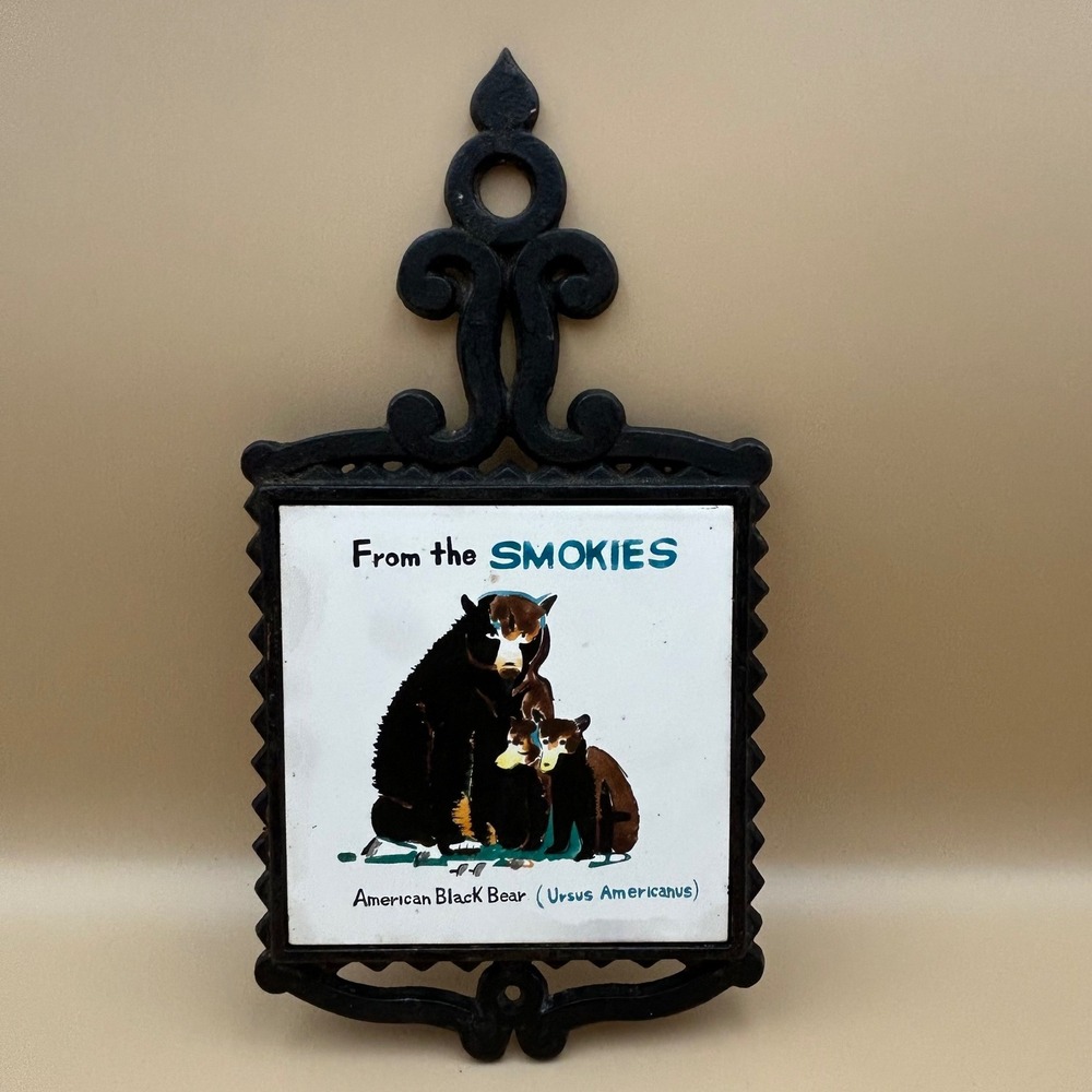 Vintage Smokies American Black Bear Cast Iron Tile Trivet Japan F-7 Souvenir